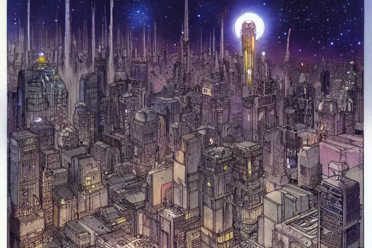 Image similar to a scifi illustration, Night City on Coruscant by m w kaluta