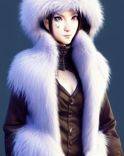 Image similar to fur - lined dragonhide jacket!!! beautiful and elegant female!! gorgeous ayes!! character concept art, sharp focus, illustration, artgerm!! yusuke murata! wlop!! ilya kuvshinov!! marc brunet!! octane render! unreal engine 5! highly rendered!! trending on artstation!! cgi vfx!