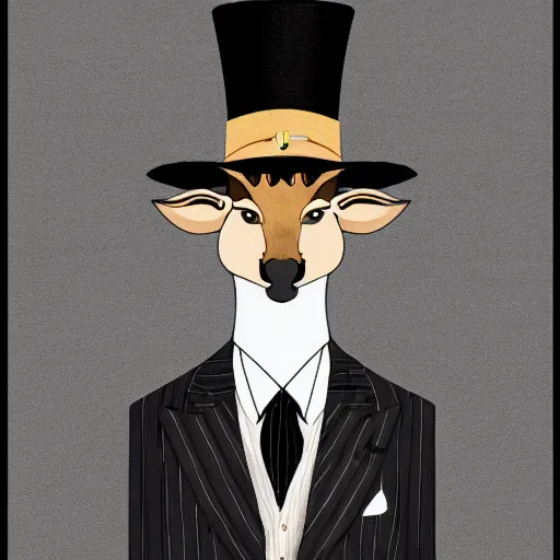Image similar to a upper body portrait of a deer lord in a pinstriped suit and pants wearing a monocle and a fedora, intricate detail, digital art, trending on artstation
