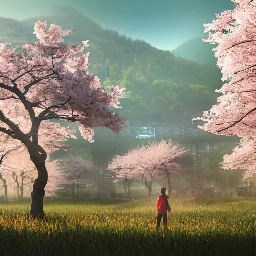 Prompt: A beautiful japanese landscape with sakura trees, apocalyptic style, Simon Stålenhag, 4k, ultrarealistic, octane render, volumetric lighting