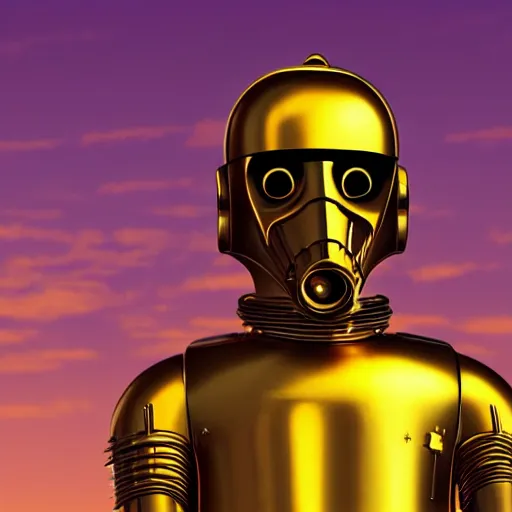 Image similar to full body portrait of Simpson as C3PO in star wars, background blue sky puffy clouds cinematic 4k