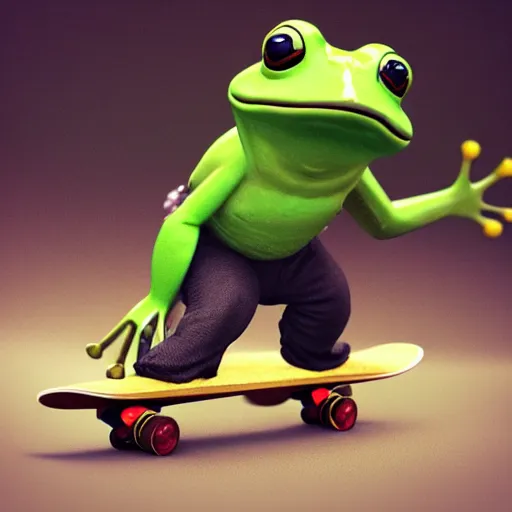 Prompt: a frog wearing a cowboy hat and riding a skateboard, award winning, trending on artstation, unreal engine