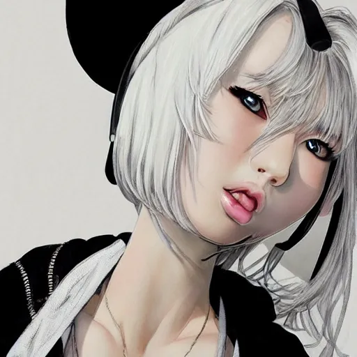 Prompt: realistic detailed semirealism beautiful gorgeous buxom voluptuous natural cute excited happy Blackpink Lalisa Manoban white hair white cat ears blue eyes, wearing black camisole outfit, headphones, black leather choker artwork drawn full HD 4K high resolution quality artstyle professional artists WLOP, Aztodio, Taejune Kim, Guweiz, Pixiv, Instagram, Artstation