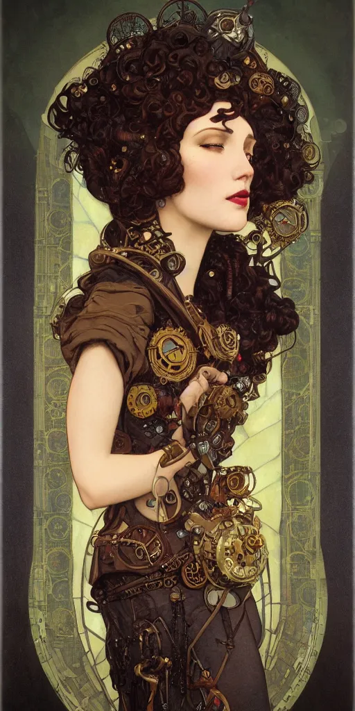 Prompt: prettiest woman with curly dark hair in steampunk costume, art deco, mucha klimt and tom bagshaw, art deco, rim lighting, low key lighting, character concept, oil painting, mike mignola