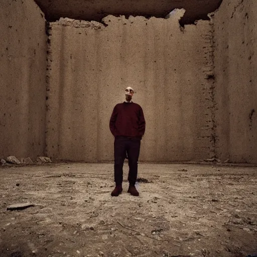 Image similar to beautiful portrait of anthony fantano, theneedledrop, standing in desolate empty brutalist ruins desert wasteland, close to the camera, painted by zdzislaw beksinski