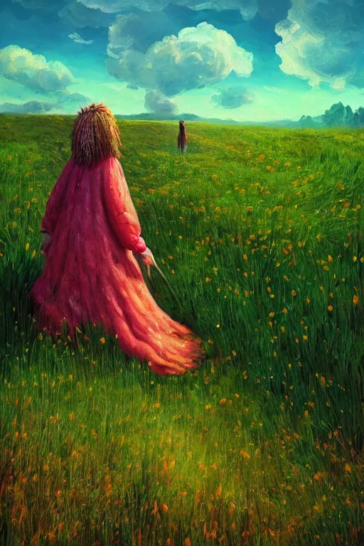 Image similar to giant corn flower head, girl walking in a green valley, surreal photography, sunrise, dramatic light, impressionist painting, colorful clouds, digital painting, artstation, simon stalenhag