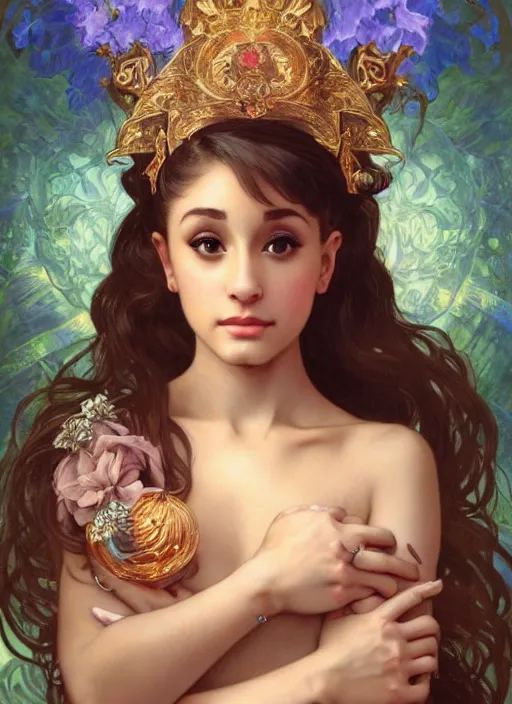 Image similar to Ariana Grande as God of Beauty, cute, fantasy, intricate, elegant, highly detailed, digital painting, 4k, HDR, concept art, smooth, sharp focus, illustration, art by alphonse mucha,artgerm, H R Giger
