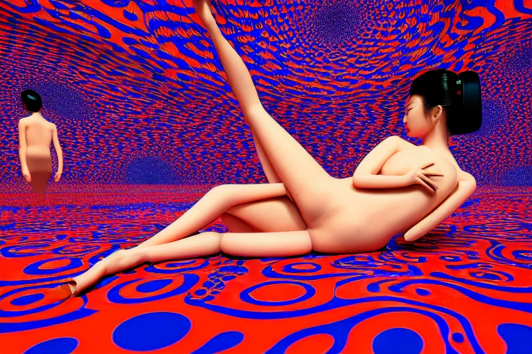 Prompt: hyperrealistic detailed image of a geisha laying in a art installation room, psychedelic background by yayoi kusama, part by kei mieno, part by alex gray, part by ross tran, part by james jean, ultra realistic, highly detailed, life like face, detailed body, 8 k, octane render, trending on artstation, very cohesive, masterpiece