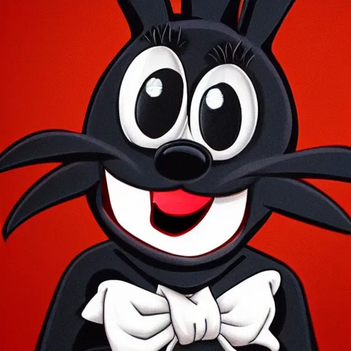 Prompt: A extremely highly detailed majestic hi-res beautiful, highly detailed head and shoulders portrait of a scary terrifying, horrifying, creepy black cartoon rabbit with scary big eyes, earing a shirt laughing maniacally , let's be friends, in the style of Walt Disney