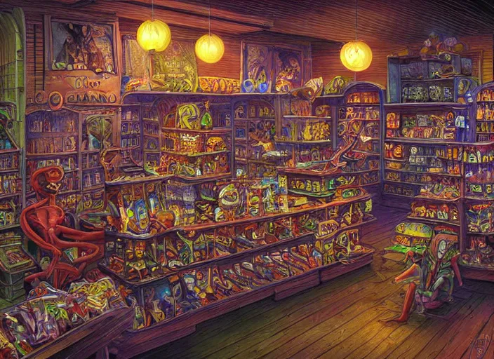 Prompt: interior of a creepy candy shop selling strange candy, dark fantasy, night, by michael whelan, digital art