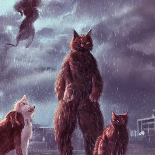 Image similar to giant cats and dogs are falling from the sky like rain, bystanders watching from the sides, 4 k, by ariduka 5 5, monokubo, artstation,