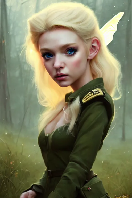 Image similar to cinematic shot of an epic portrait of a cute blonde fairy dressed in military clothes, stylised military clothes, shiny skin, beautiful eyes, beautiful, small details, night setting, realistic poster with volumetric light from craig mallism, artgerm, jeremy lipkin and michael garmash, unreal engine, radiant light, digital art, trends at art station, a masterpiece