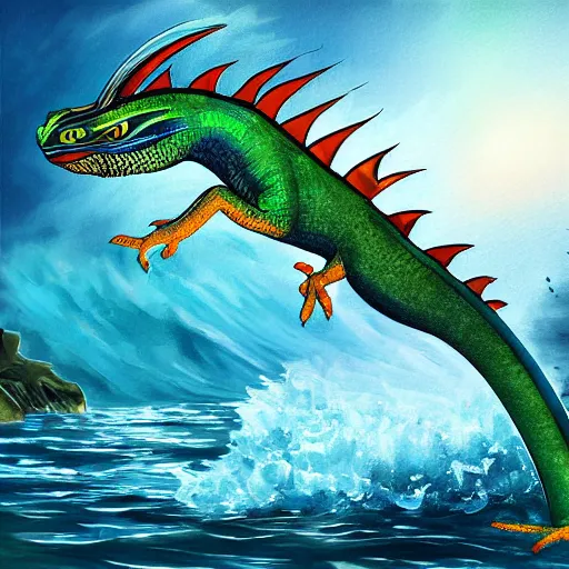 Prompt: a water dragon getting out of the ocean, digital art, fantasy art