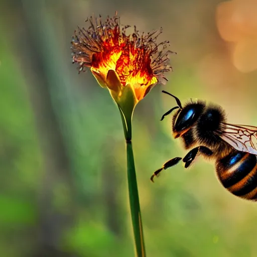 Image similar to a bee trying to reach a flower in a forest on fire, there is fire everywhere, macro photography, ambient light