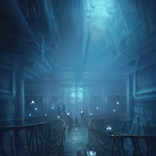 Image similar to D&D fantasy blue ghost spirits floating on a ship lower deck, intricate, elegant, highly detailed, D&D, digital painting, artstation, concept art, matte painting, sharp focus, illustration, glowing light and shadow, atmospheric, shadowy, cinematic, in the style of Greg Rutkowski