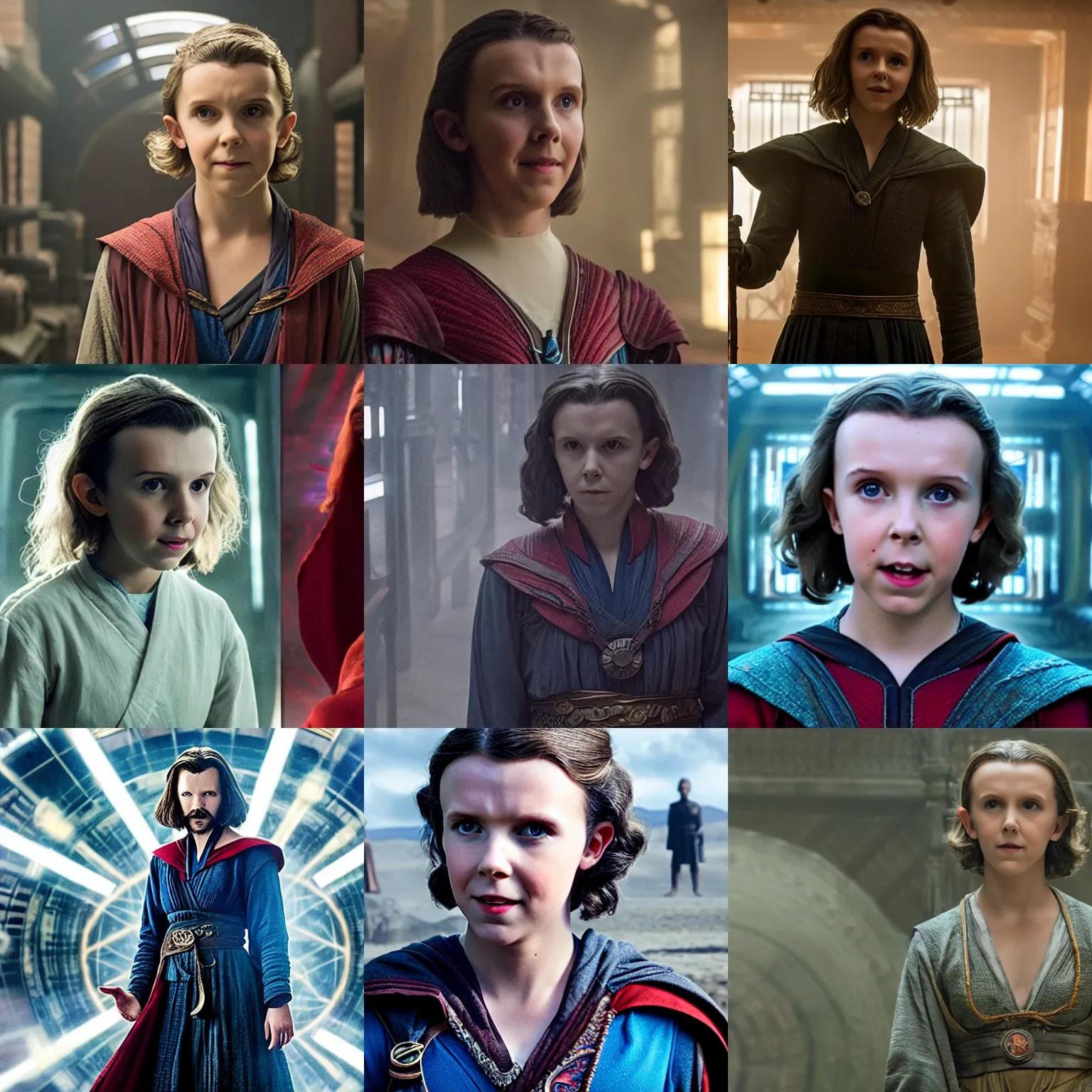 Prompt: Eleven/Millie Bobbie Brown as the Ancient One, long hair, smiling, film still from 'Doctor Strange'