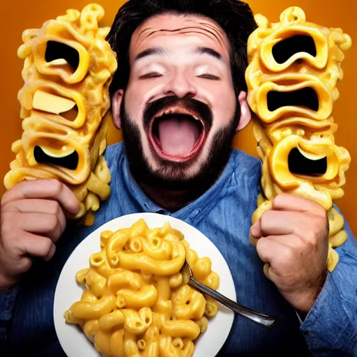 Image similar to a man with mac n' cheese streaming out of his eyes, nose, mouth and ears. photograph. delicious.