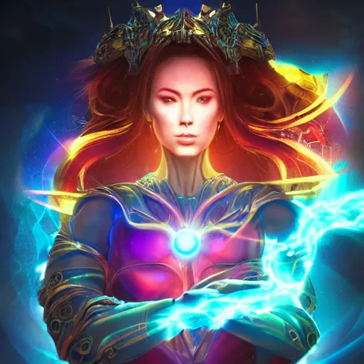 Image similar to a powerful goddess woman floating with a glowing orb of blue power in her hand, trending on artstation, colourful, powerful, dark, mysterious, maximalist, full body shot, japanese, unreal engine 5, evil, warrior, nebula background, wearing a farce robe, army behind her and war - s 1 5 0