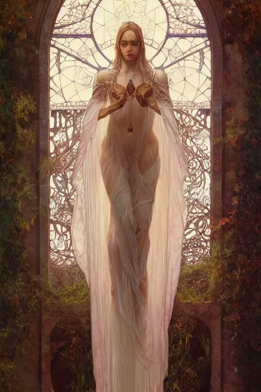 Image similar to a full body portrait of a beautiful ethereal delicate botanist mage queen meditative sacral pose catholic stages of the cross, intricate, elegant, highly detailed, digital painting, artstation, concept art, smooth, sharp focus, illustration, art by krenz cushart and artem demura and alphonse mucha
