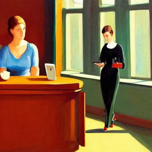 Prompt: a painting of a woman sitting in a bar scrolling on her smartphone in the style of edward hopper