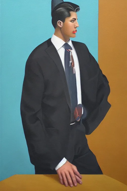Prompt: a painting of a man wearing a suit and tie, portrait, a digital painting by Vladimir Tretchikoff, trending on Artstation, cloisonnism, digital painting, digital illustration, vaporwave