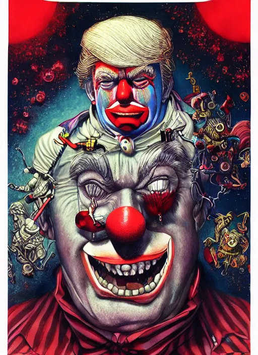 Image similar to donald trump sad clown, grotesque, horror, high details, intricate details, by vincent di fate, artgerm julie bell beeple, 80s, inking, vintage 80s print, screen print