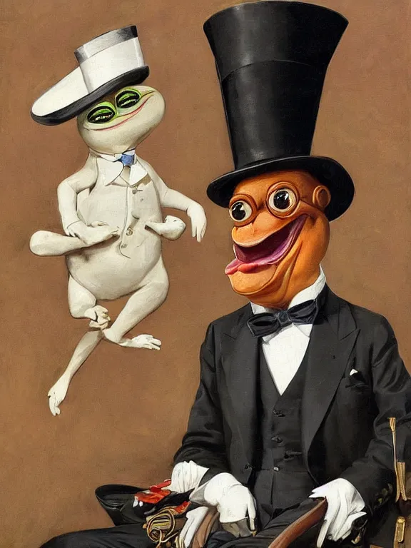 Image similar to pepe the frog at the royal ascot, wearing morning suit and top hat, excited watching the horse races, expressive painting by Joseph Christian Leyendecker