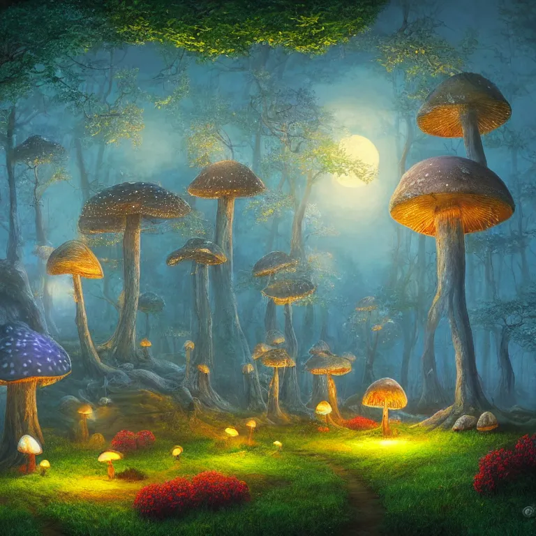 Image similar to an enchanted mushroom forest inspired by Evgeny Lushpin, midnight, full moon, cinematic, intricate, very detailed