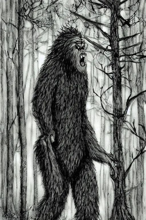 Prompt: happy bigfoot in the woods artwork by ben templesmith