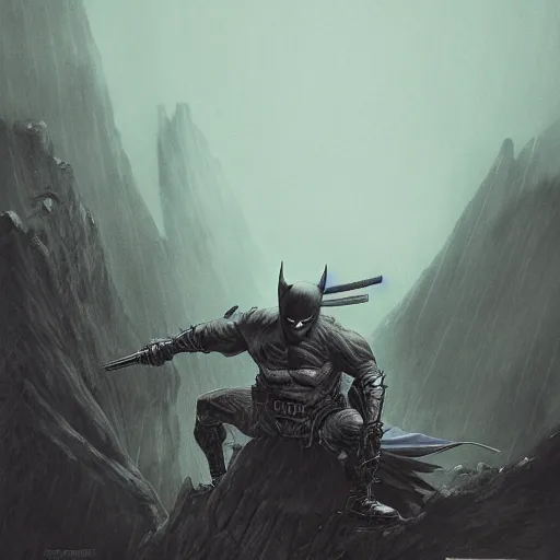 Prompt: full character potrait of a batman samurai in a foggy japanese mountain, zdzislaw beksinski, lewis jones, dariusz zawadzki, wayne barlow, warhammer fantasy, cold hue's, warm tone gradient background, concept art, 4 k, ultra - high - definition