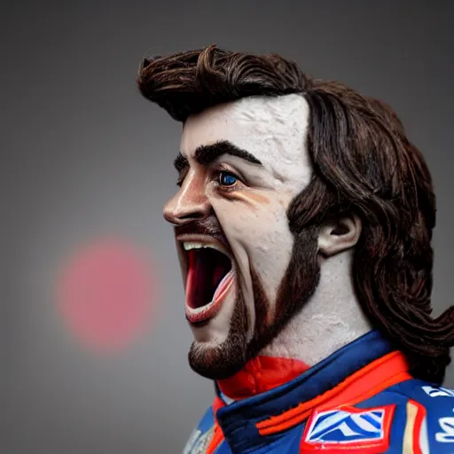 Prompt: wax figure of fernando alonso, screaming,, realism, 4 k, award winning photograph octane render, award winning photograph