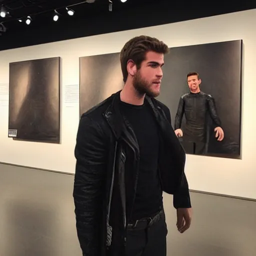 Image similar to “a realistic detailed photo of a guy who is an attractive humanoid who is half robot and half humanoid, who is a male android, actor Liam Hemsworth, shiny skin, posing like a statue, blank stare, at the museum, on display”