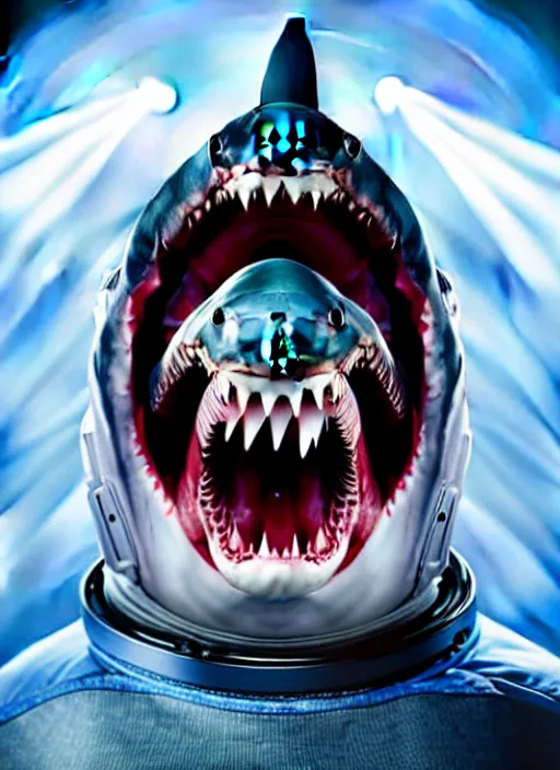 Prompt: shark attacking a studio photo still of a full body open mouth shark in a space suit, 8 k, studio lighting, key light from right side,