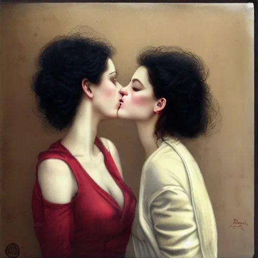 Image similar to two women kissing on the street, tom bagshaw style,