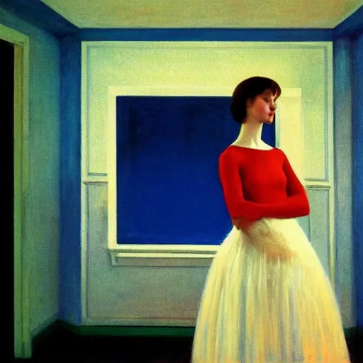 Image similar to an ivory beautiful young girl in a blue and red haunted liminal soviet room, film still by edward hopper, by gottfried helnwein, by klimt, art noveau, highly detailed, strong lights, liminal, eerie, bright pastel colors,