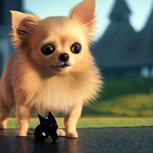 Image similar to an adorable blond long haired chihuahua playing with a cute black cat : : in the style of pixar : : octane render, unreal engine 5, cinematic lighting, cinematic depth of field