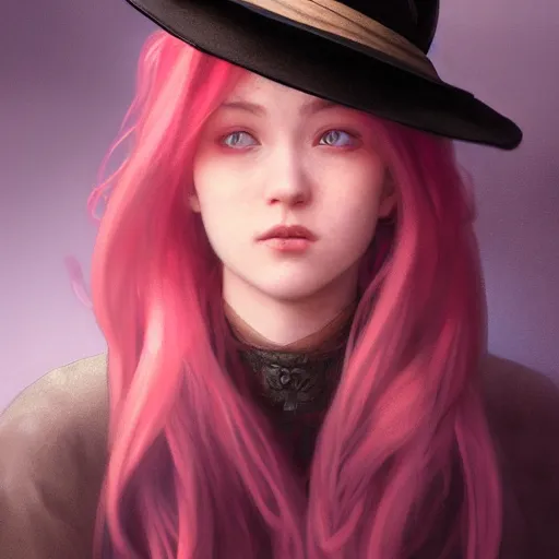 Image similar to a photorealistic dramatic fantasy render of a pink coloured haired young girl with a black wool street hat on her head by wlop, artgerm, greg rutkowski, alphonse mucha, beautiful dynamic dramatic dark moody lighting, shadows, cinematic atmosphere, artstation, concept design art, octane render, 8 k