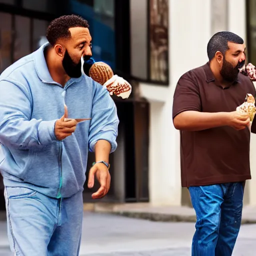 Image similar to Hide the pain Arnold and DJ Khaled licking ice cream in street while walking, 4K, photorealistic