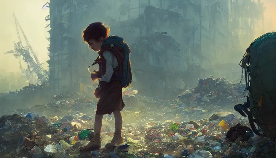 Image similar to poor detailed child with backpack looking for food at garbage dump, city is pure wasteland, moody sunset in background, greg rutkowski, alphonse mucha, trending on artstation, artgerm, unreal engine, breathtaking, award winning, highly detailed