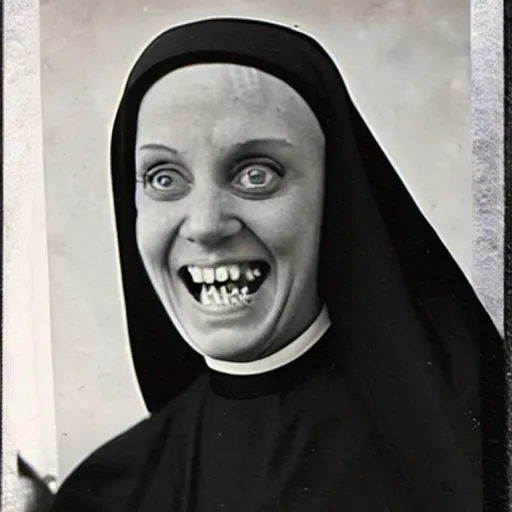 Prompt: antique photograph of an evil catholic nun, crazy eyes wide open, horror, staring at the camera, evil smile, sharp teeth, headshot, dark background, low exposure