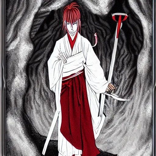 Image similar to samarai cloaked in white with swords, standing in light beam of a dark cave, ruby red sorrow, high quality, ultra detail