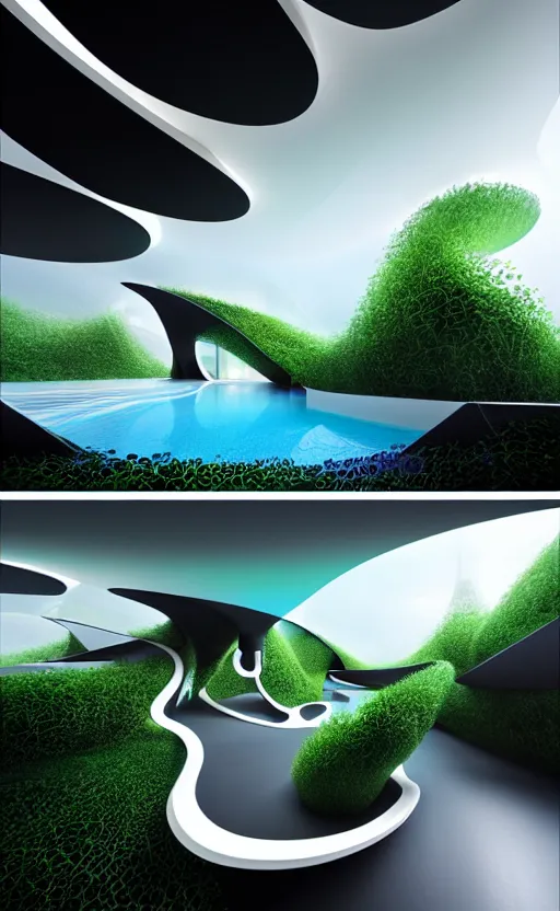 Image similar to villa parametric architecture fluid design, vincent callebaut well - defined style, ultra detailed, monochromatic, natural lighting, volumetric lighting, generative art nebula, cinematic, photo realistic, hyper real, surreal design, flow everywhere, walls made of crystal clear water, droplets on the walls, black metal, magnesium, 8 k,