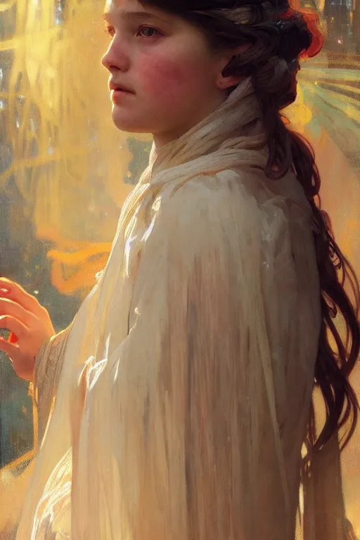 Image similar to hyperrealist portrait of a girl emperorit is decorated with long robes that fall like stars. by jeremy mann and alphonse mucha, fantasy art, photo realistic, dynamic lighting, artstation, poster, volumetric lighting, very detailed faces, 4 k, award winning