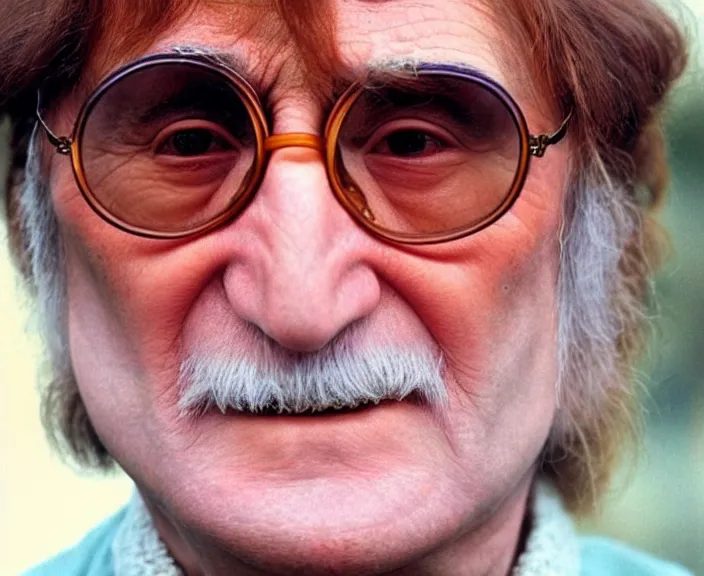 Image similar to A colored colorized real photograph of old John Lennon as an old man in his eighties with short hair in the 2010s, Old John Lennon, taken in the early 2020s, taken on a 2010s Camera, realistic, hyperrealistic, very realistic, very very realistic, highly detailed, very detailed, extremely detailed, detailed, digital art, trending on artstation, headshot and bodyshot, detailed face, very detailed face, very detailed face, real, real world, in real life, realism, HD Quality, 8k resolution, intricate details, colorized photograph, colorized photo, John Lennon as an old man with short hair, old, old man