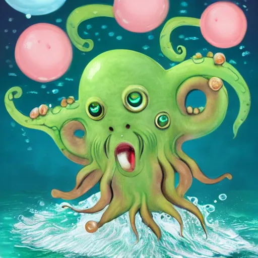 Prompt: cute baby cthulu splashing in the ocean, trending on artstation