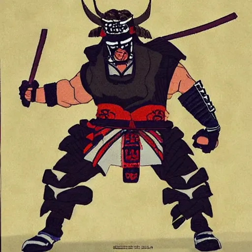 Image similar to big buff strong very buff samurai wearing an oni mask, movie still