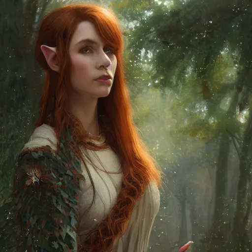 Image similar to portrait of a proud elf, her hair is copper, she is a wood elf, shade and sparkles, trees and leave are surrounding her, calm piece, masterpiece, oil on canvas, art by Greg Rutkowski and Karakter, trending on artstation, delicate, sharp focus, 4k, digital art