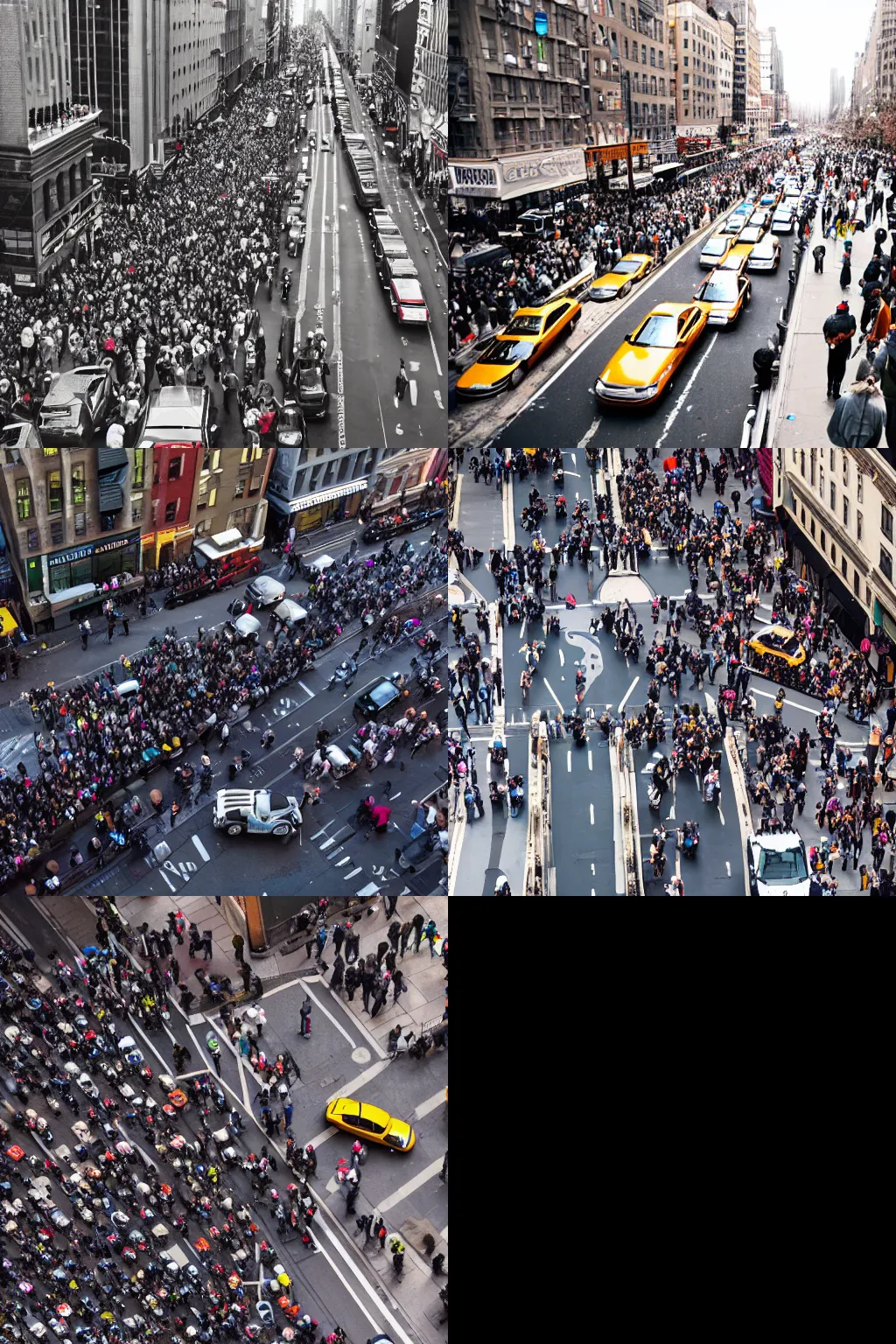 Prompt: crowds chasing a cab in new york city, aerial view