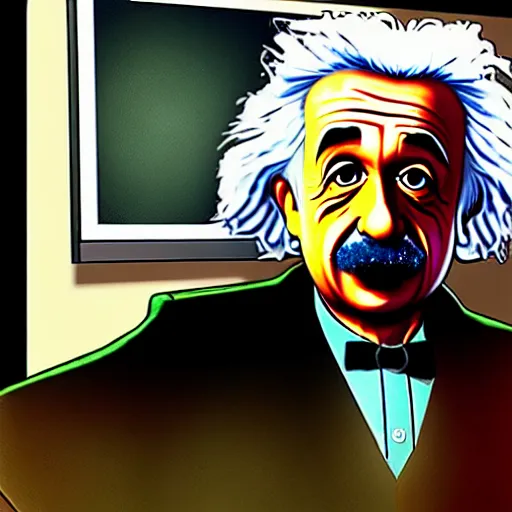 Image similar to albeert einstein in gta v illustrated by stephen bliss