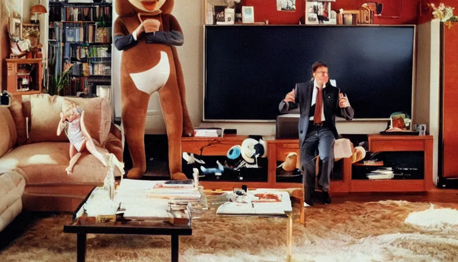 Prompt: 1990s candid 35mm photo of a beautiful day in the living room, cinematic lighting, cinematic look, golden hour, a very large, oversized magical salesman mascot is hanging out of the TV and trying to sell the family a car, salesman is a very large giant mascot, there is a sports car in the living room, portal energy is coming out of the TV, UHD